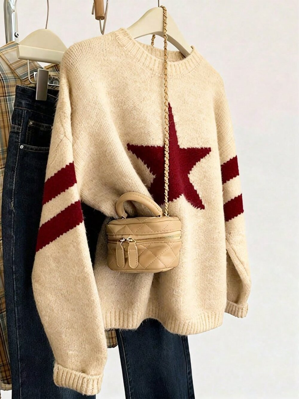 Apricot Casual Women's Colorblock Star Pattern Crew Neck Sweater